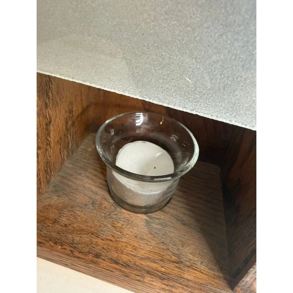 Handcrafted Solid Oak Sacred Heart Jesus Votive Candle Holder Etched Frost Glass